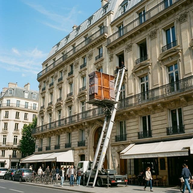 Monte-meuble sur la façade d'un immeuble parisien