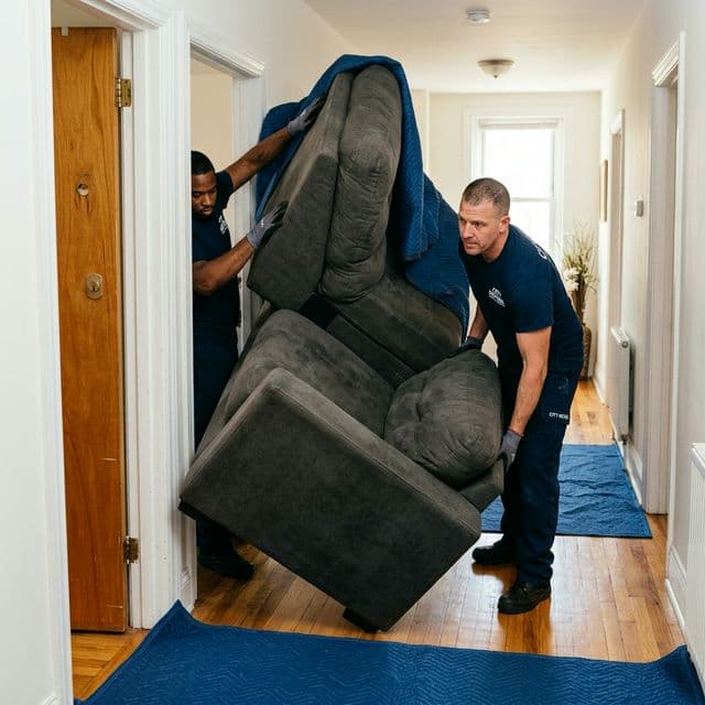Déménageurs manipulant un meuble volumineux dans un couloir