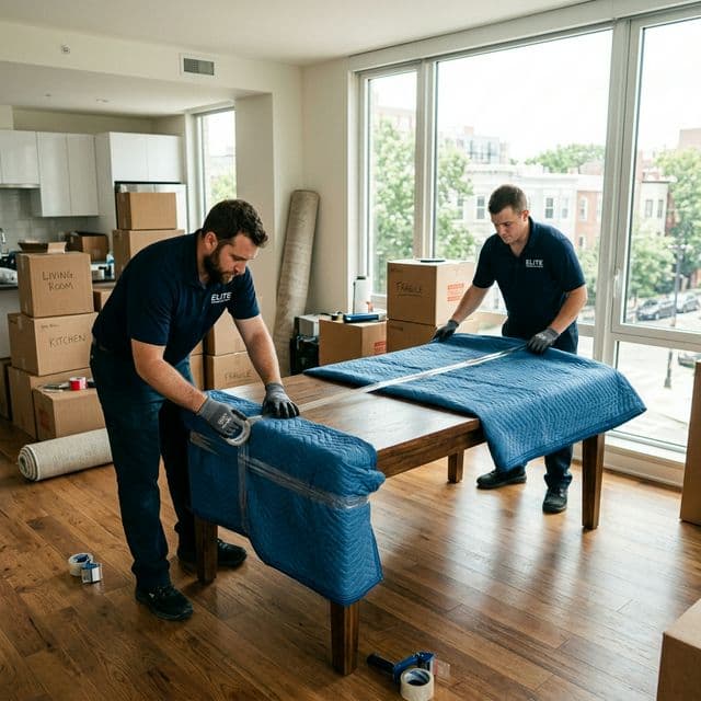 Déménageurs protégeant du mobilier avec des couvertures professionnelles