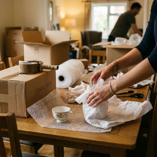 Déménageur emballant des objets fragiles avec soin
