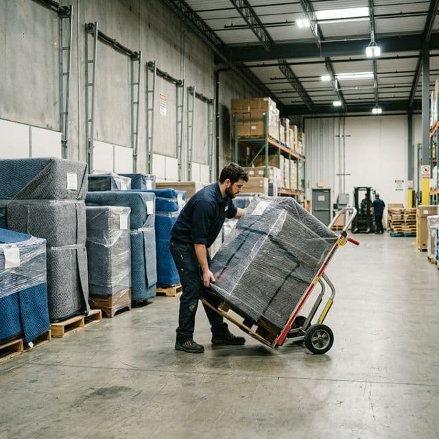 Chargement de meubles emballés dans un entrepôt