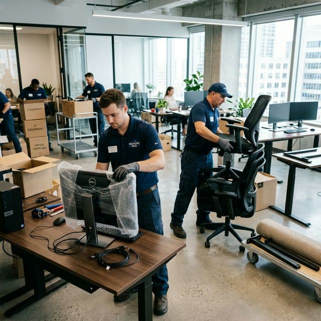 Déménageurs emballant du matériel de bureau